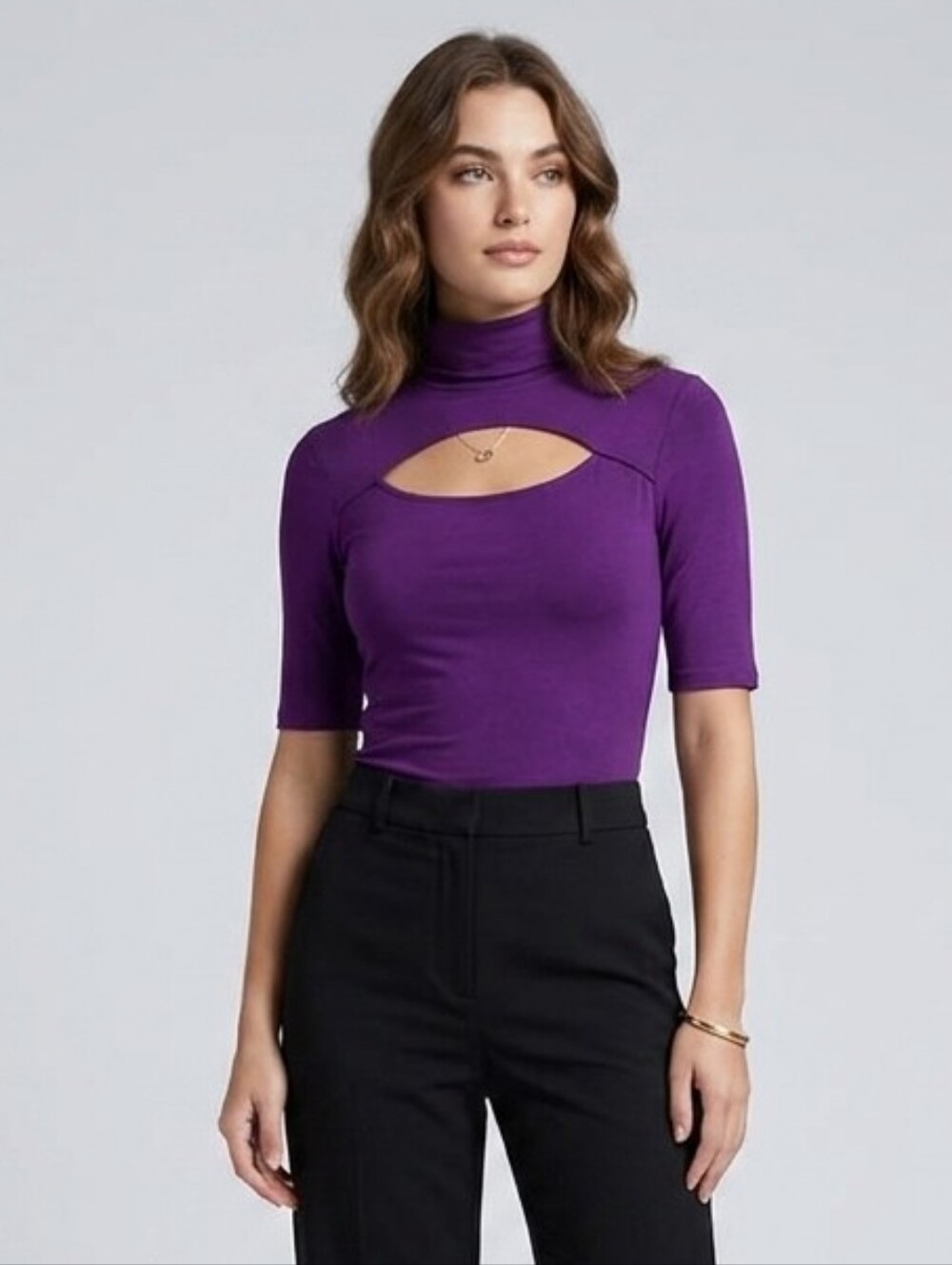 Derek Heart Women's Large Purple Mock Neck Short Sleeve Keyhole Top